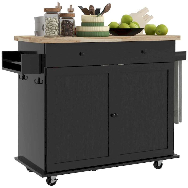 Îlot de cuisine avec rangement, Chariot de cuisine de style ferme sur roulettes avec tiroir, 2 armoires, Plateau en bois d'hévéa