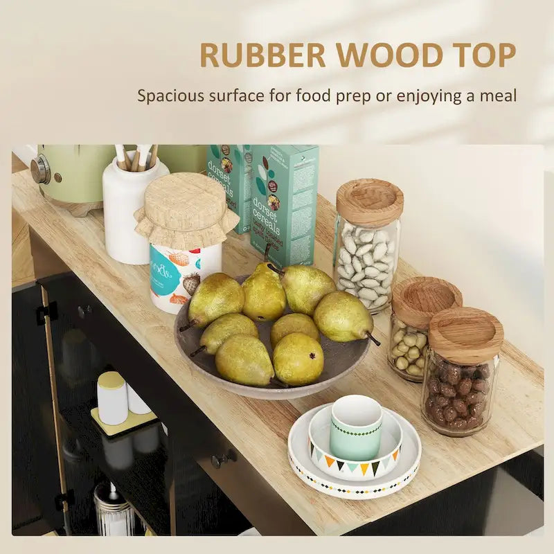 Îlot de cuisine avec rangement, Chariot de cuisine de style ferme sur roulettes avec tiroir, 2 armoires, Plateau en bois d'hévéa