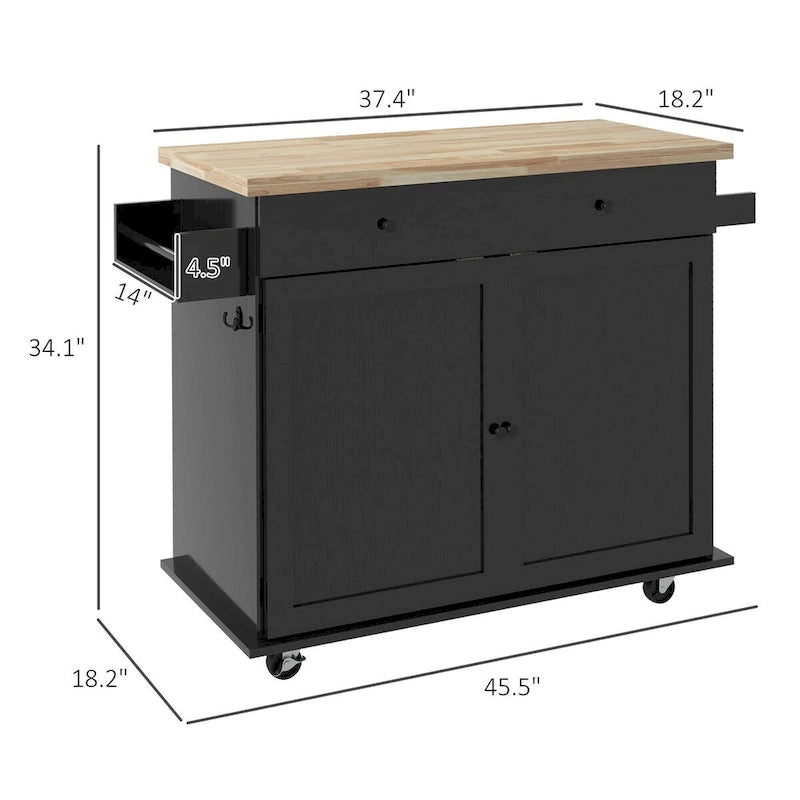 Îlot de cuisine avec rangement, Chariot de cuisine de style ferme sur roulettes avec tiroir, 2 armoires, Plateau en bois d'hévéa