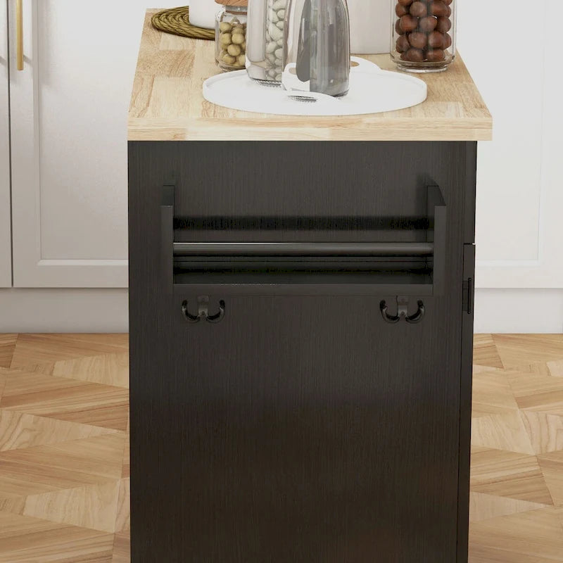 Îlot de cuisine avec rangement, Chariot de cuisine de style ferme sur roulettes avec tiroir, 2 armoires, Plateau en bois d'hévéa