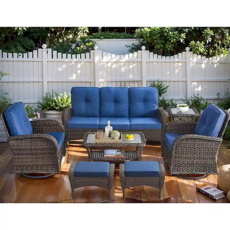 Outdoor Sofa with Swivel Chair Ottomans and Coffee Table - Brown