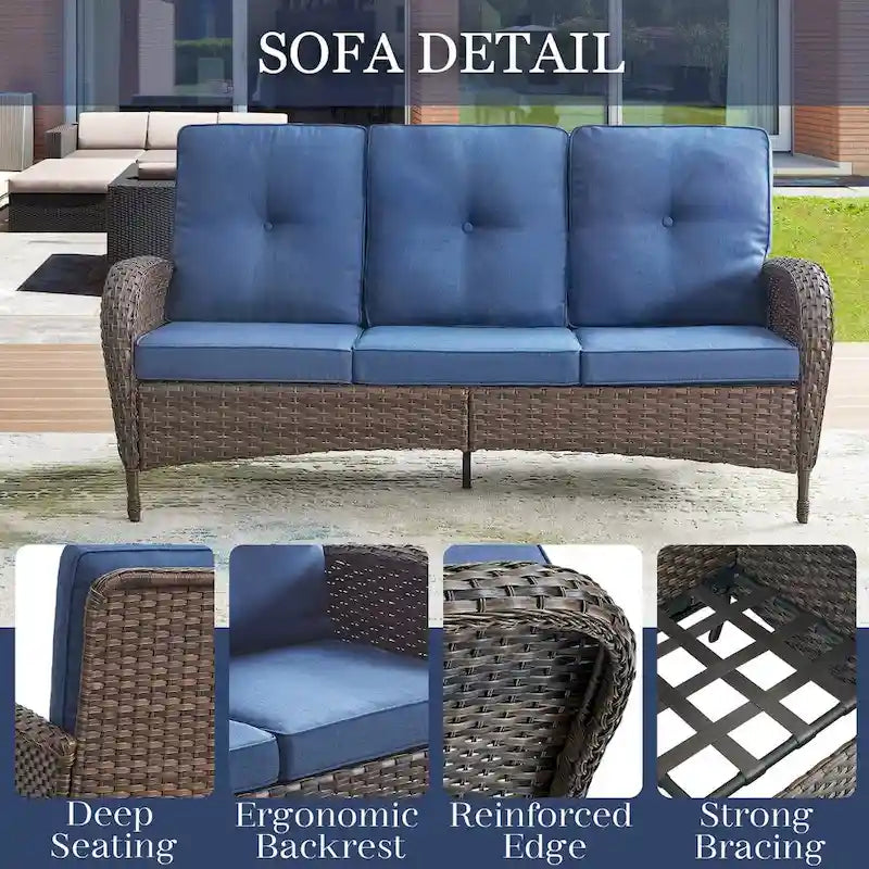 Canapé d'extérieur avec fauteuil pivotant, poufs et table basse - Marron