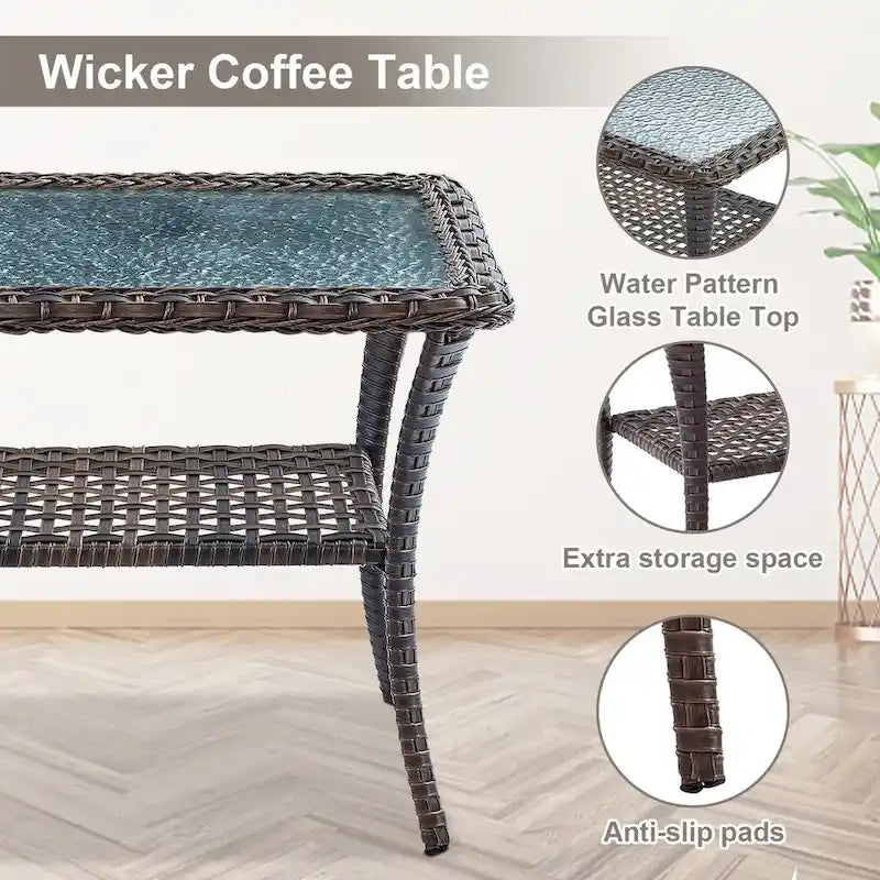 Canapé d'extérieur avec fauteuil pivotant, poufs et table basse - Marron