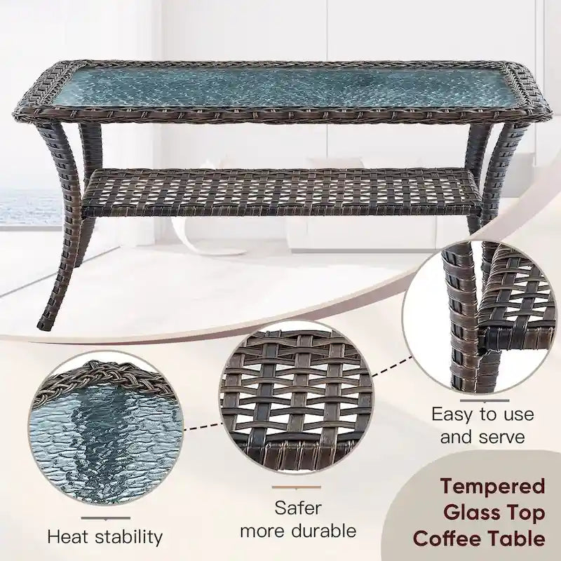 Canapé d'extérieur avec fauteuil pivotant, poufs et table basse - Marron