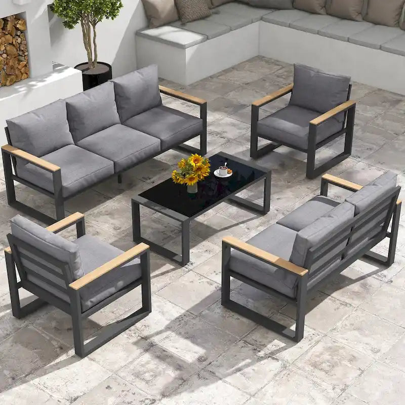 Salon de jardin 5 pièces en aluminium avec table basse