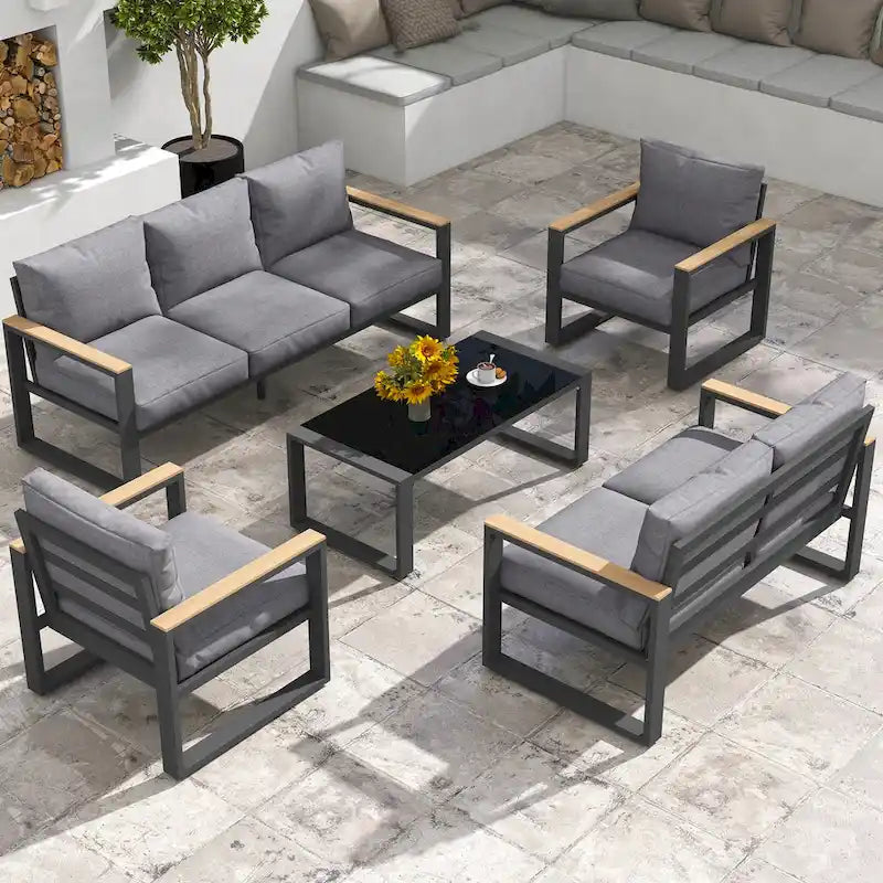Salon de jardin 5 pièces en aluminium avec table basse
