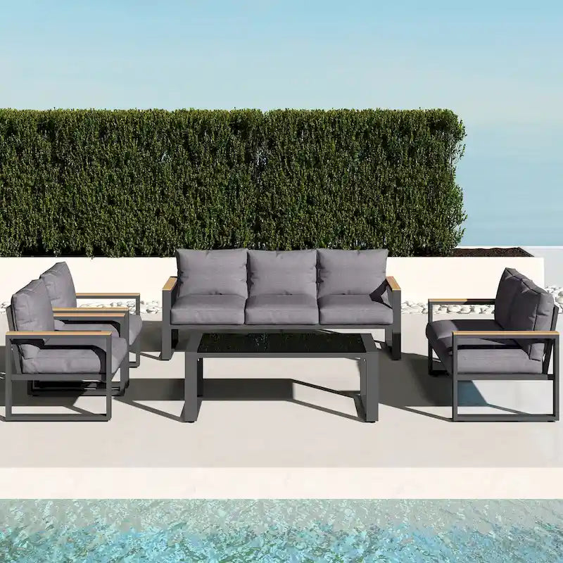 Salon de jardin 5 pièces en aluminium avec table basse