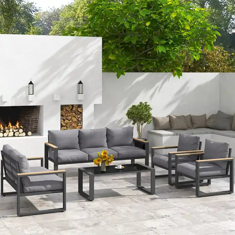 Salon de jardin 5 pièces en aluminium avec table basse
