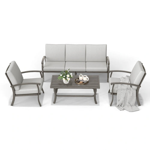 Ensemble de conversation en aluminium 5 places pour patio avec table basse, canapé et coussins gris clair