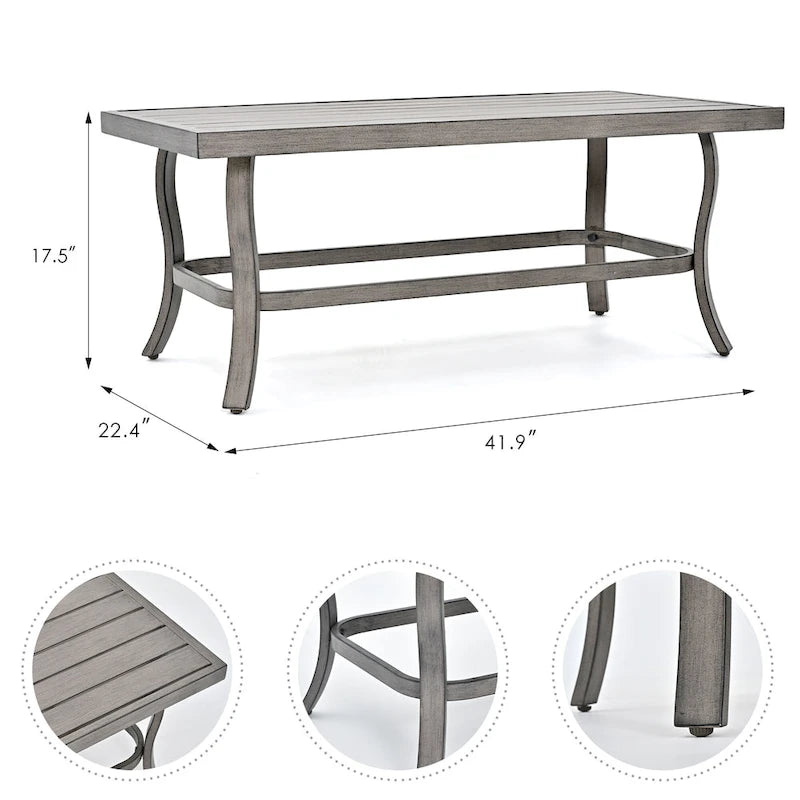 Ensemble de conversation en aluminium 5 places pour patio avec table basse, canapé et coussins gris clair