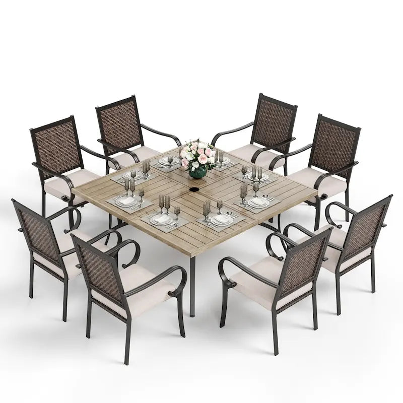 Ensemble de salle à manger d'extérieur MAISON ARTS 9 pièces, table carrée en métal de 152 cm et 8 chaises en rotin avec coussins