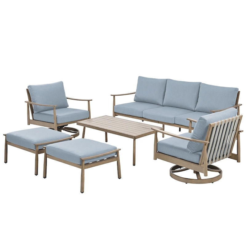 Ensemble de conversation de patio en aluminium 6 places avec 2 fauteuils pivotants, un canapé extérieur 3 places et une table basse