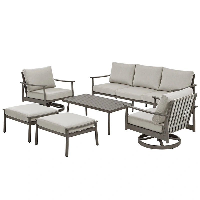 6-Person Aluminum Patio Conversation Set with 2 Swivel Chairs, 3-Seat Outdoor Couch and Coffee Table