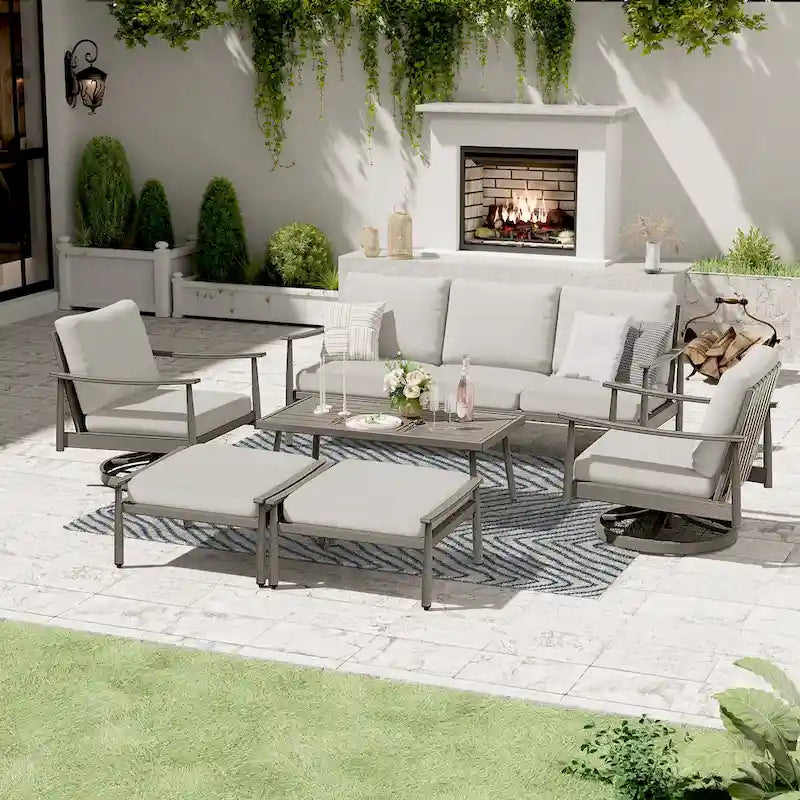 Ensemble de conversation de patio en aluminium 6 places avec 2 fauteuils pivotants, un canapé extérieur 3 places et une table basse