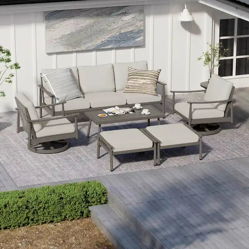 Ensemble de conversation de patio en aluminium 6 places avec 2 fauteuils pivotants, un canapé extérieur 3 places et une table basse