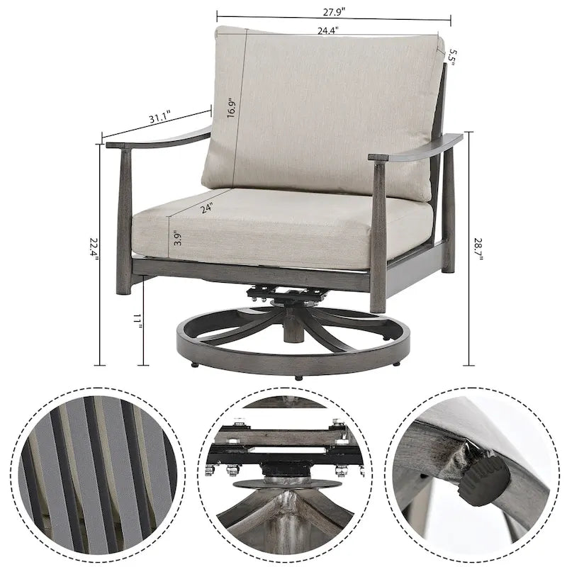 Ensemble de conversation de patio en aluminium 6 places avec 2 fauteuils pivotants, un canapé extérieur 3 places et une table basse