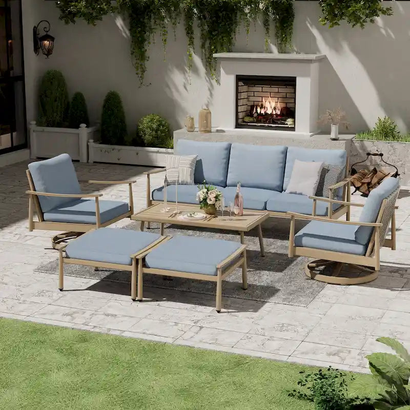 Ensemble de conversation de patio en aluminium 6 places avec 2 fauteuils pivotants, un canapé extérieur 3 places et une table basse
