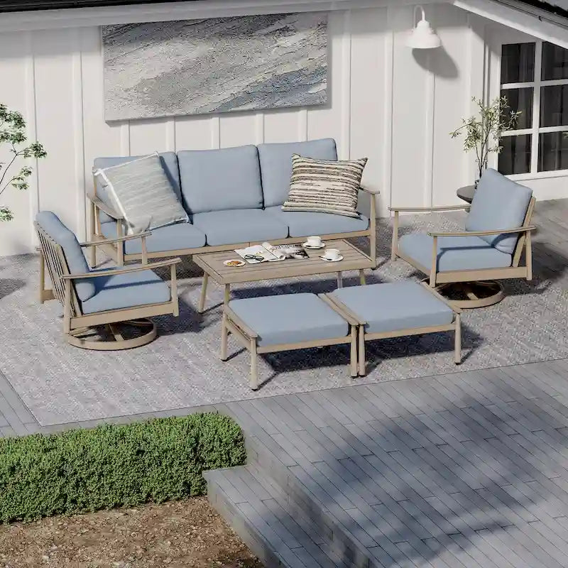 Ensemble de conversation de patio en aluminium 6 places avec 2 fauteuils pivotants, un canapé extérieur 3 places et une table basse