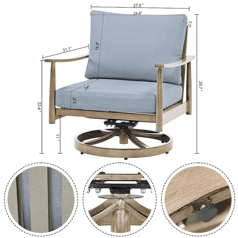 Ensemble de conversation de patio en aluminium 6 places avec 2 fauteuils pivotants, un canapé extérieur 3 places et une table basse