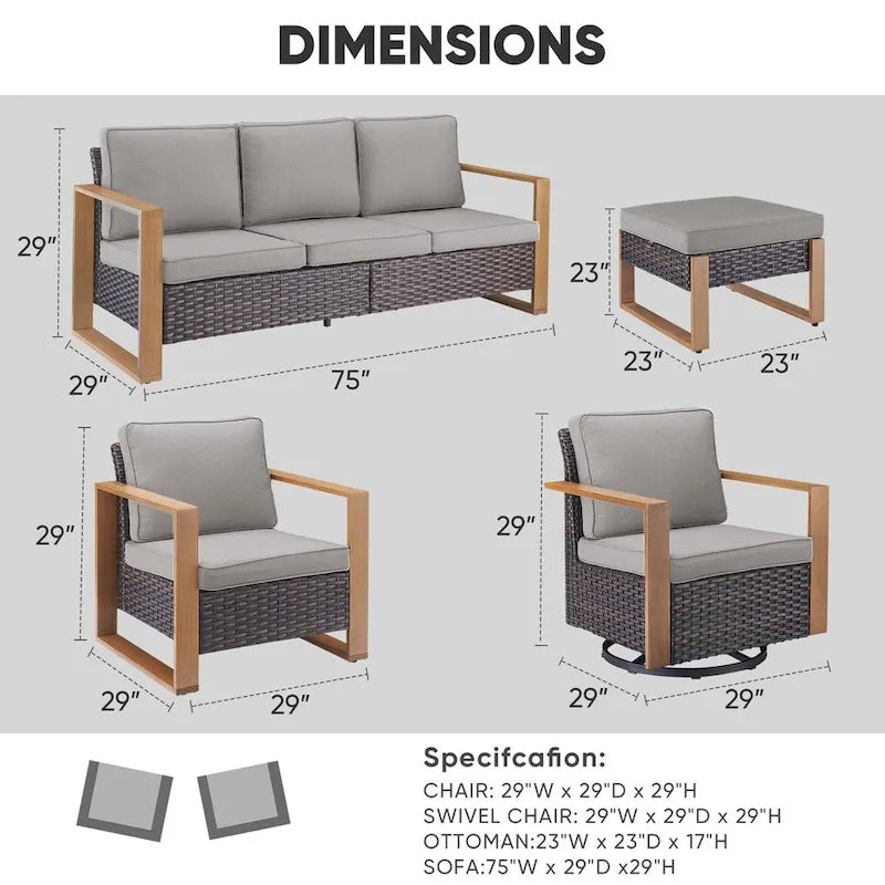 Canapé de patio avec fauteuils à bascule, poufs et table basse - Marron