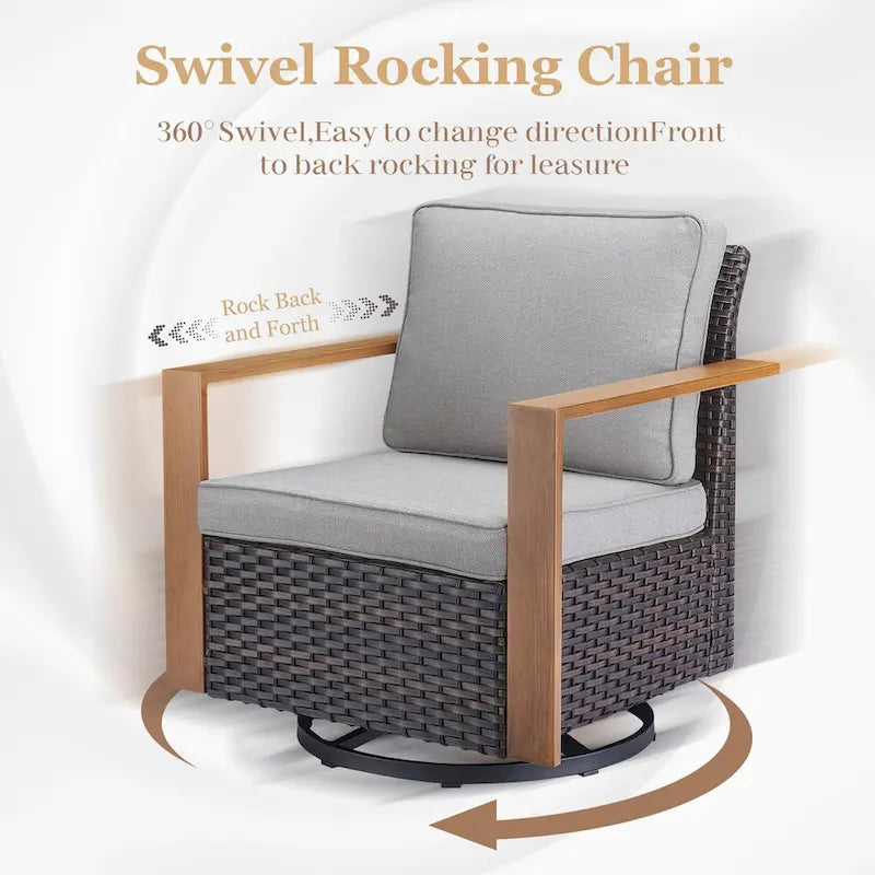 Canapé de patio avec fauteuils à bascule, poufs et table basse - Marron