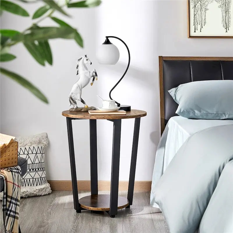 Table d'appoint ronde en métal avec étagère de rangement