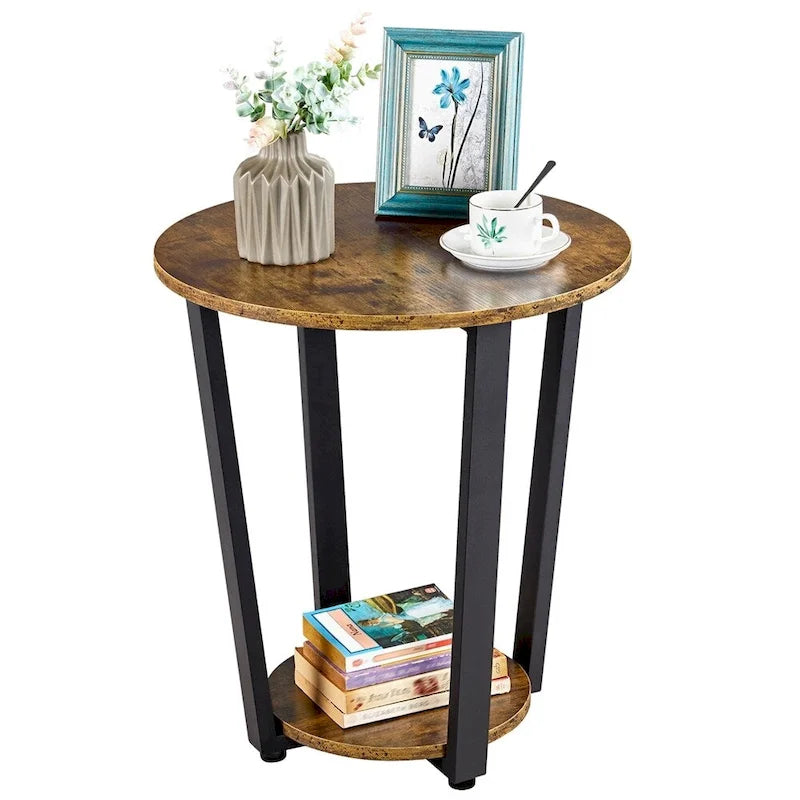 Table d'appoint ronde en métal avec étagère de rangement