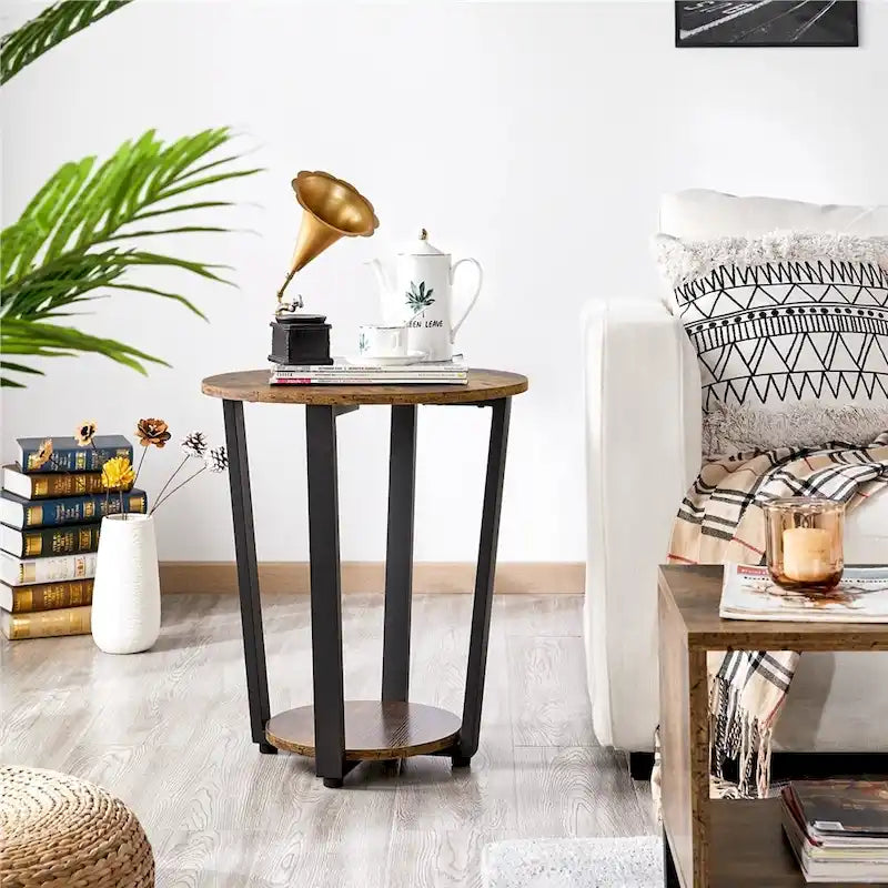 Table d'appoint ronde en métal avec étagère de rangement