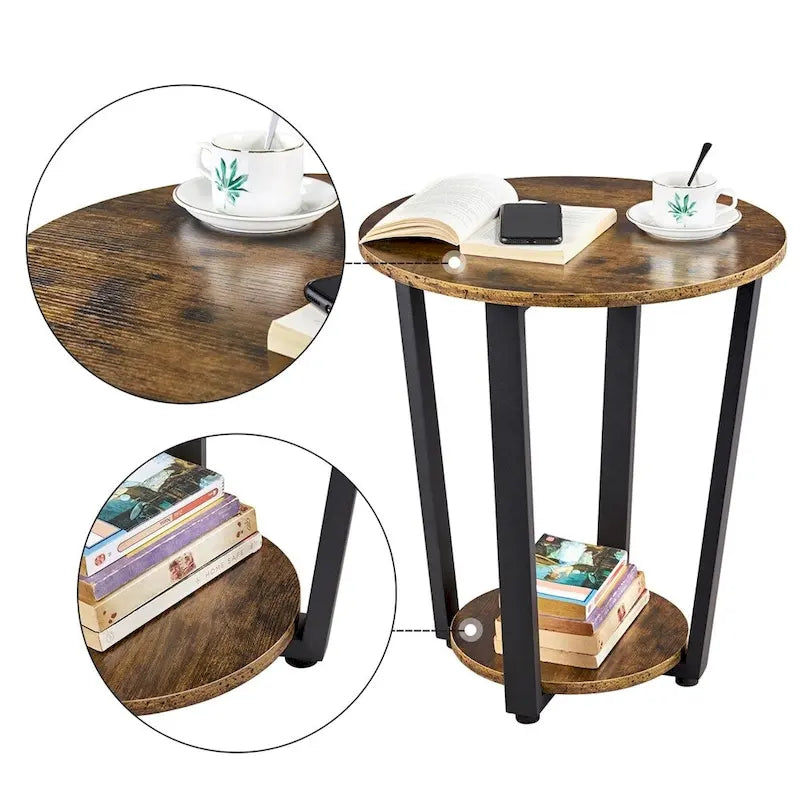 Table d'appoint ronde en métal avec étagère de rangement