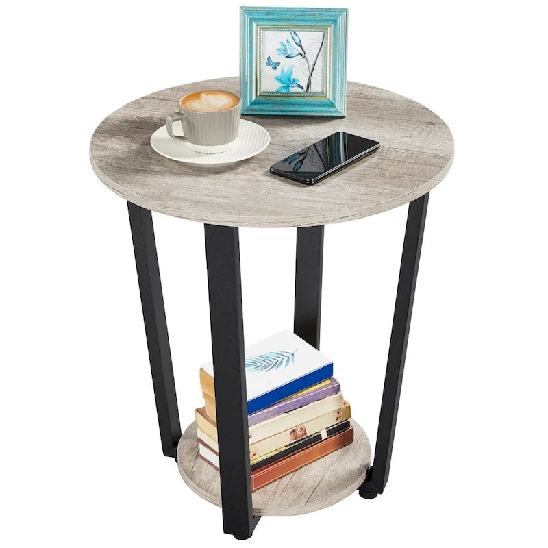 Table d'appoint ronde en métal avec étagère de rangement