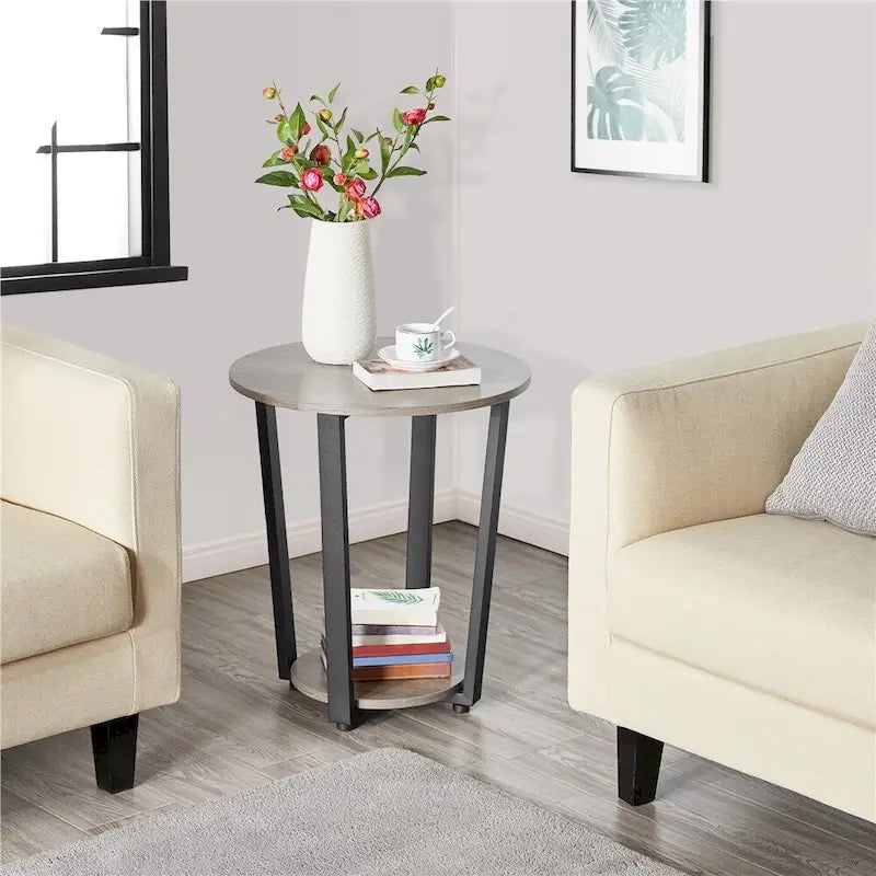 Table d'appoint ronde en métal avec étagère de rangement
