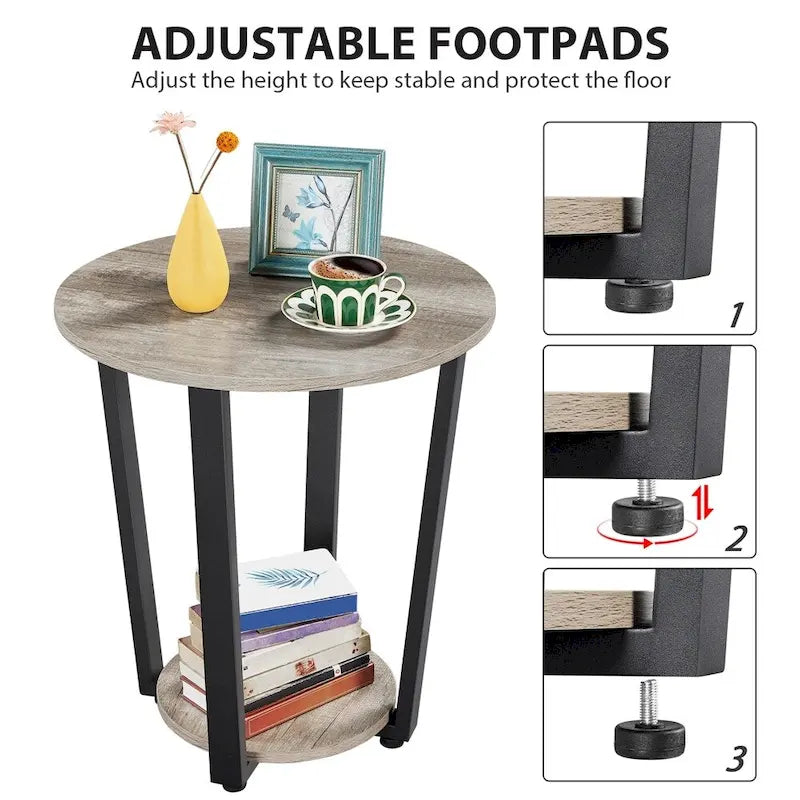 Table d'appoint ronde en métal avec étagère de rangement