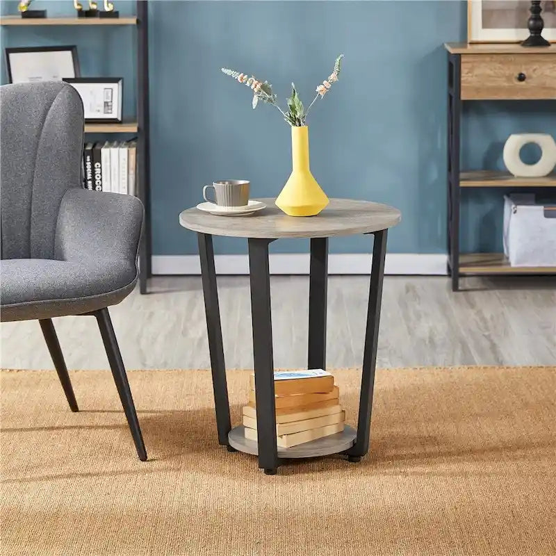 Table d'appoint ronde en métal avec étagère de rangement