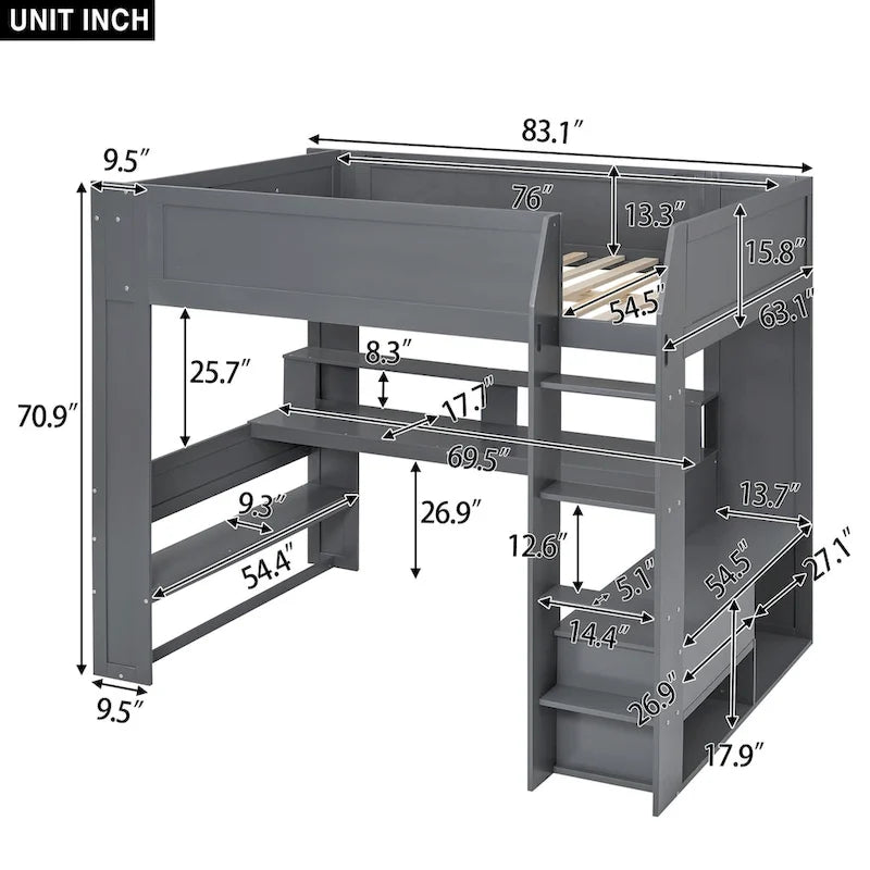 Lit mezzanine de jeu pleine taille en bois avec bureau, étagères de rangement multiples, LED et station de charge, gris foncé