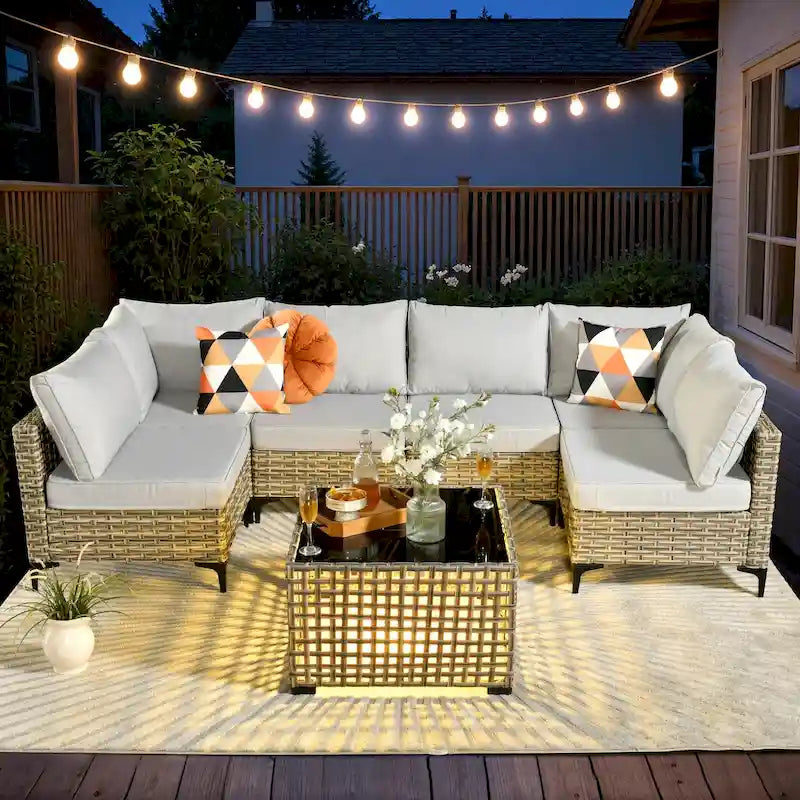 Ensemble de meubles de patio sectionnel en rotin 7 pièces HOOOWOOO