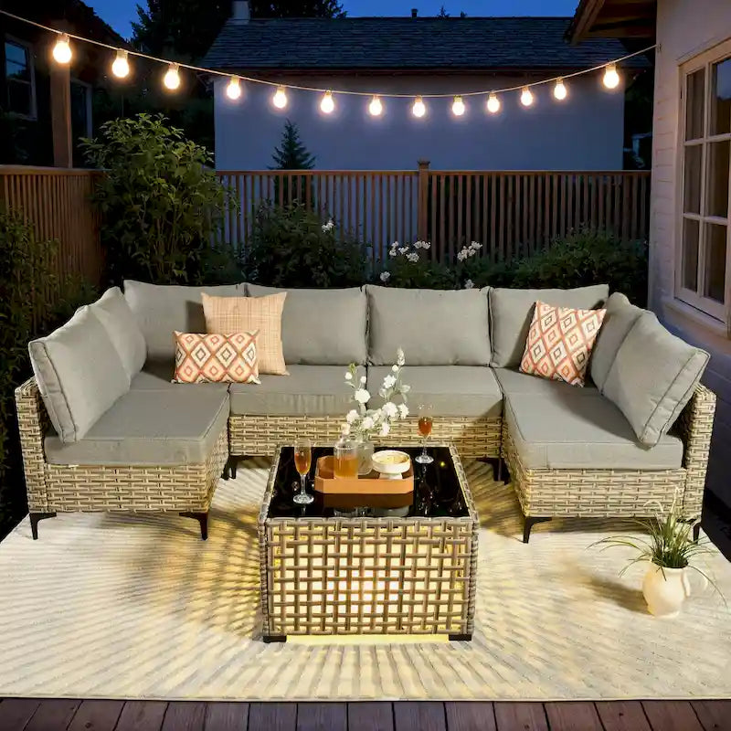 Ensemble de meubles de patio sectionnel en rotin 7 pièces HOOOWOOO
