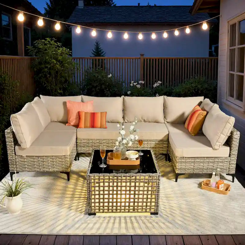 Ensemble de meubles de patio sectionnel en rotin 7 pièces HOOOWOOO