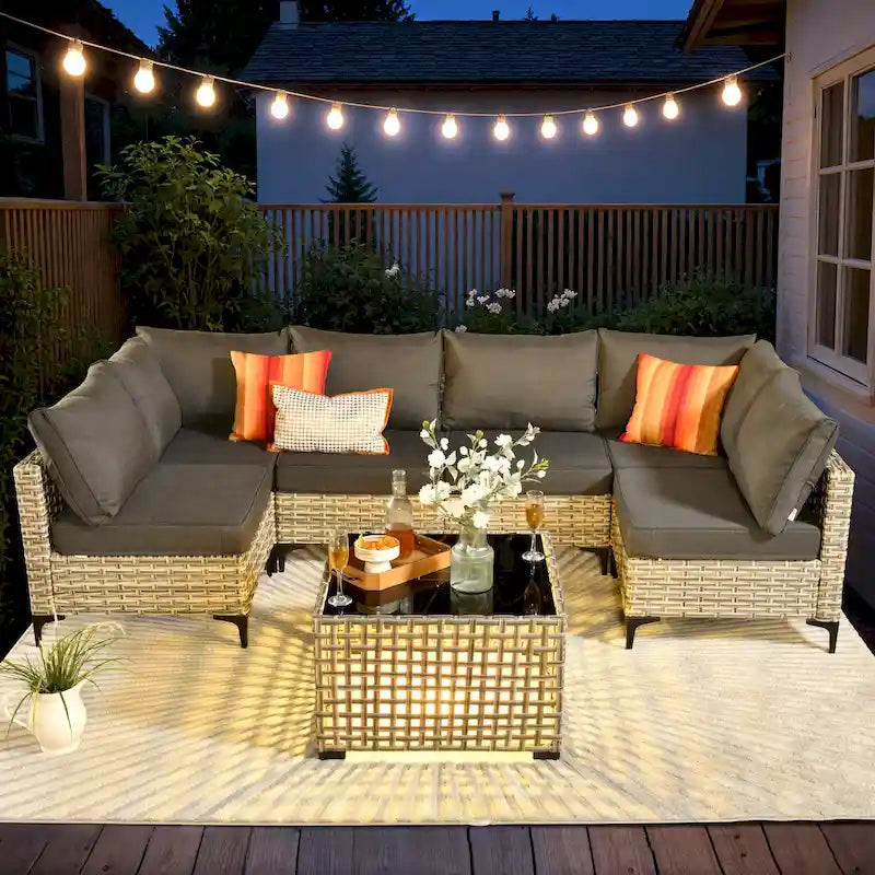 Ensemble de meubles de patio sectionnel en rotin 7 pièces HOOOWOOO