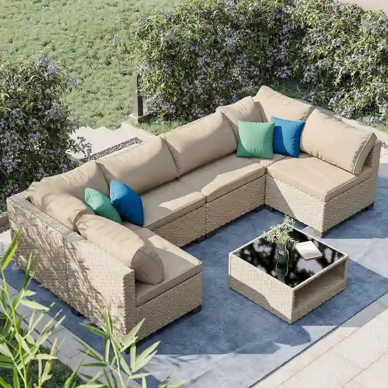 Ensemble de mobilier de jardin 7 pièces, canapé sectionnel d'extérieur bohème toutes saisons avec coussins épais résistants à l'eau