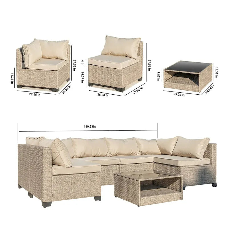 Ensemble de mobilier de jardin 7 pièces, canapé sectionnel d'extérieur bohème toutes saisons avec coussins épais résistants à l'eau
