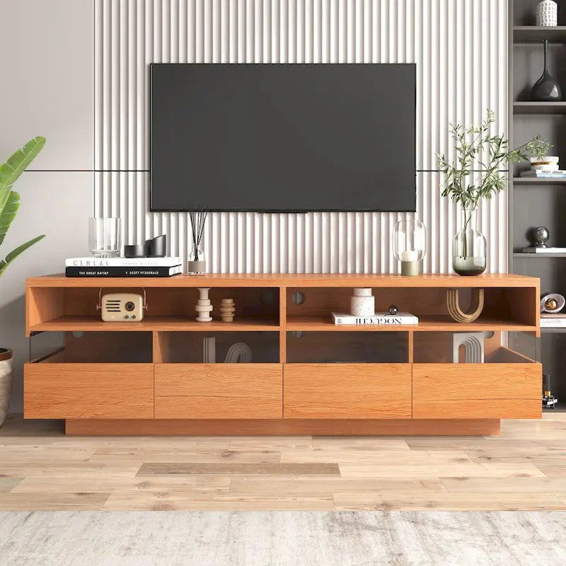 Meuble TV moderne avec 4 tiroirs et 2 niches ouvertes, console média pour téléviseurs jusqu'à 75 pouces, en bois