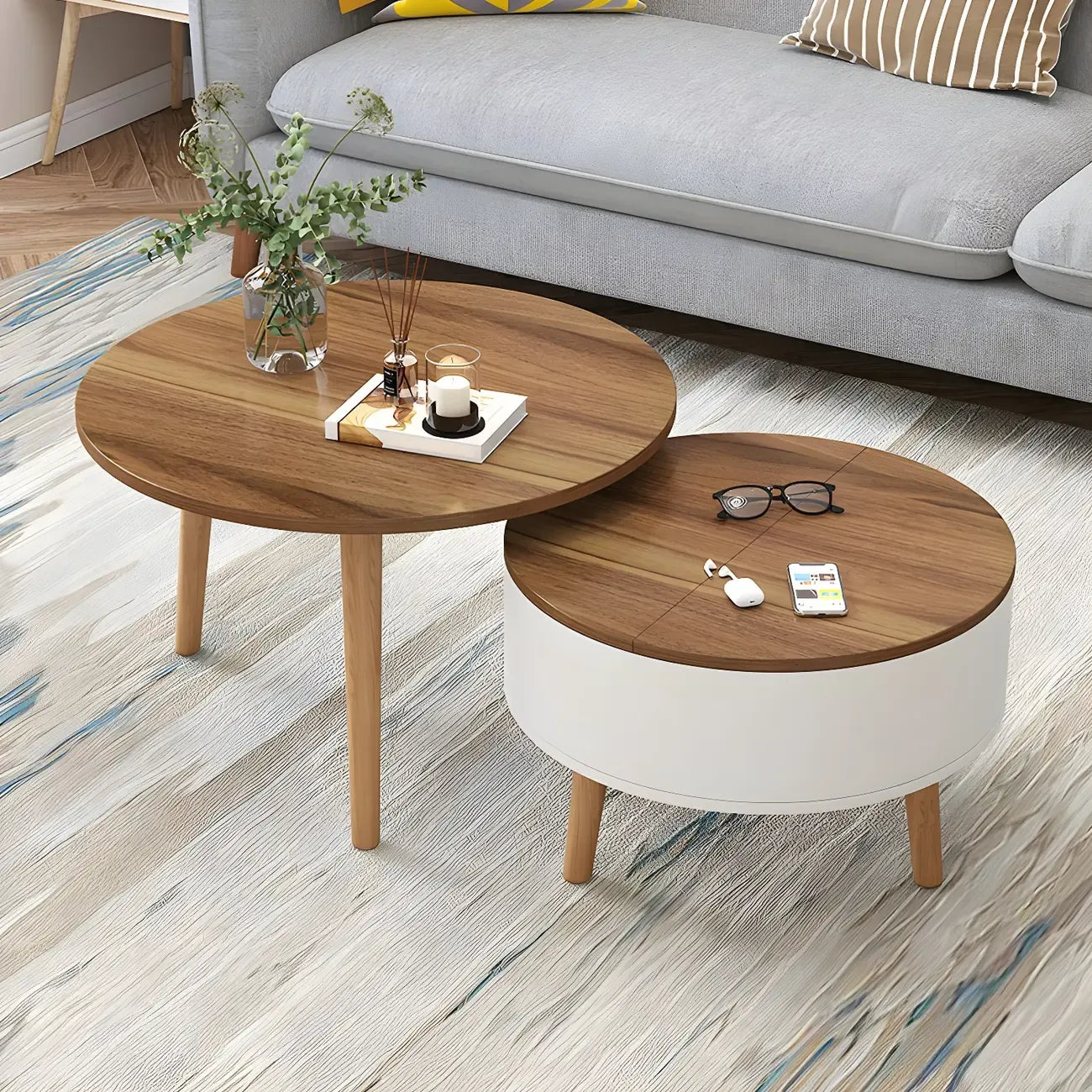 Table basse ronde moderne en bois noir et blanc avec rangement