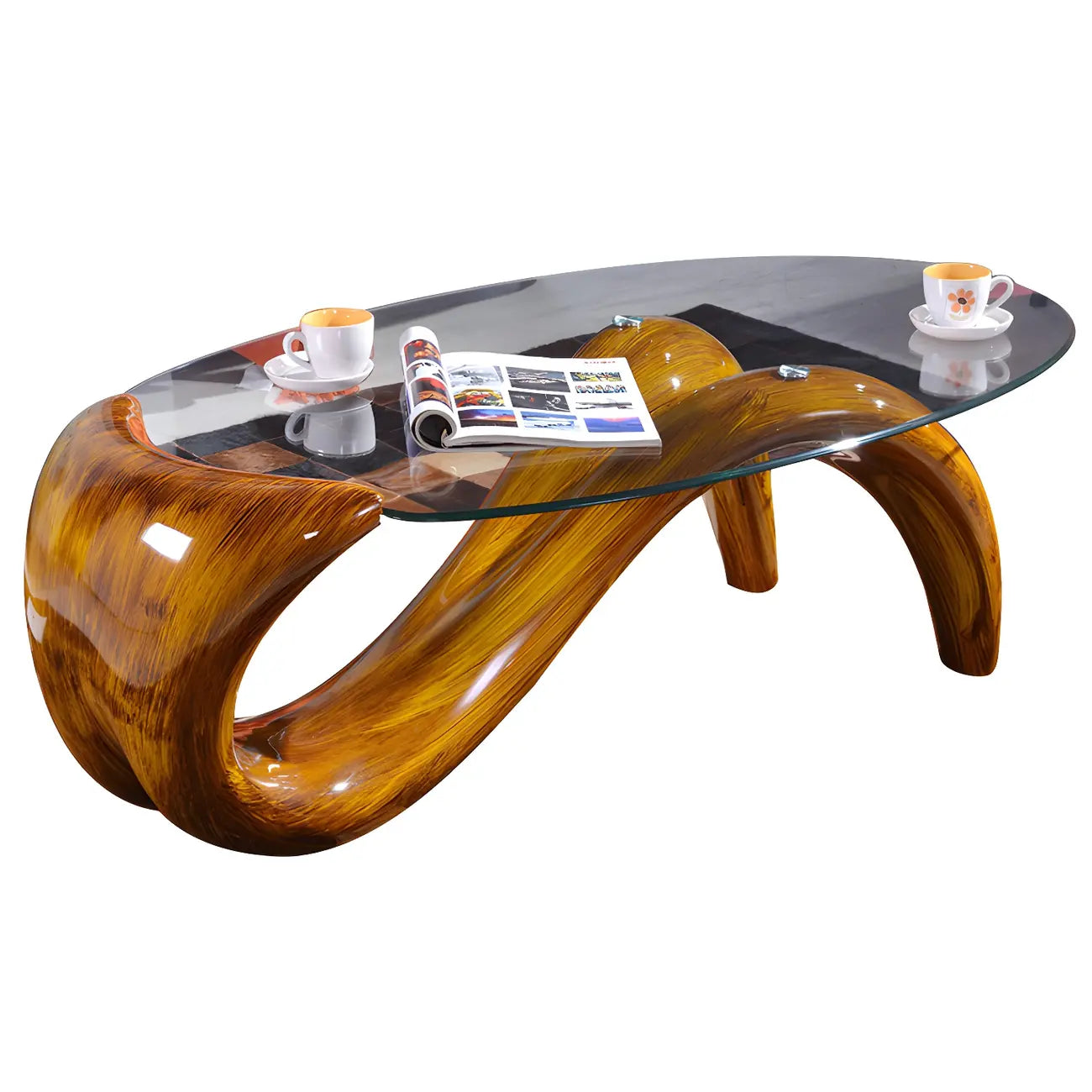 Table basse ovale moderne et abstraite avec plateau en verre et base en métal