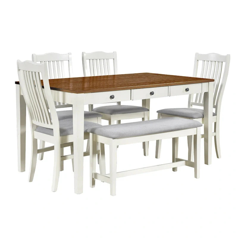 Ensemble de salle à manger 6 pièces en bois avec 4 chaises et un banc, table avec tiroir