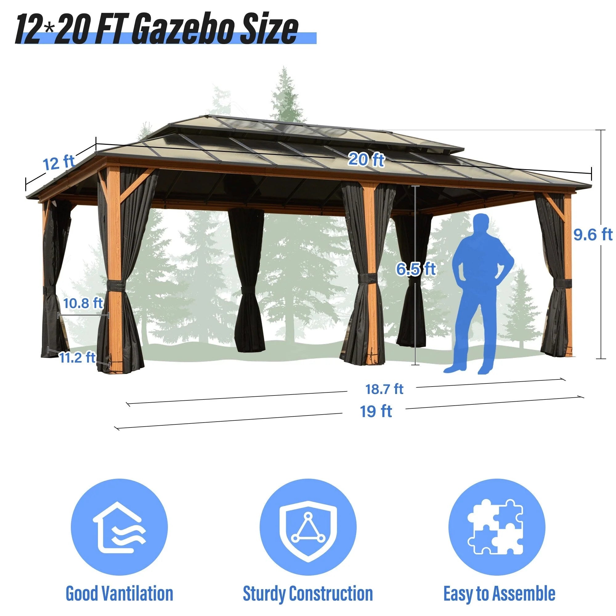 Tonnelle EROMMY à toit rigide, pergola extérieure avec double toit, moustiquaire et rideaux, auvent robuste pour patio, jardin, fête au bord de la piscine