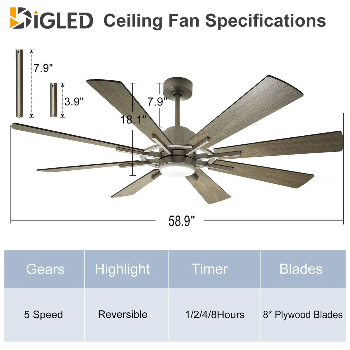 Ventilateur de plafond télécommandé avec lumières, grandes 8 pales en bois