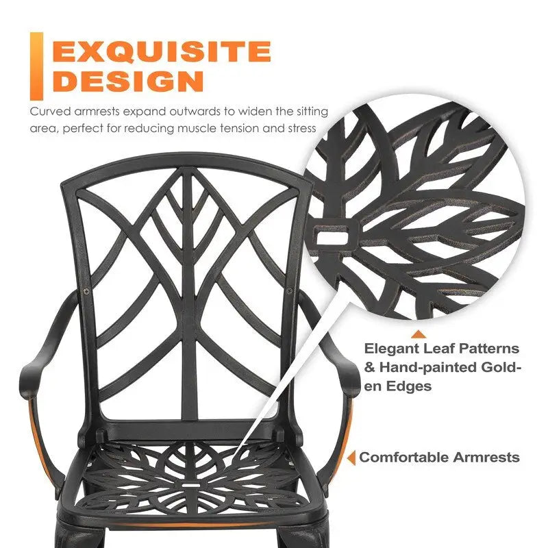 Ensemble de 2 chaises de patio extérieures, en aluminium coulé, noir avec bordure dorée