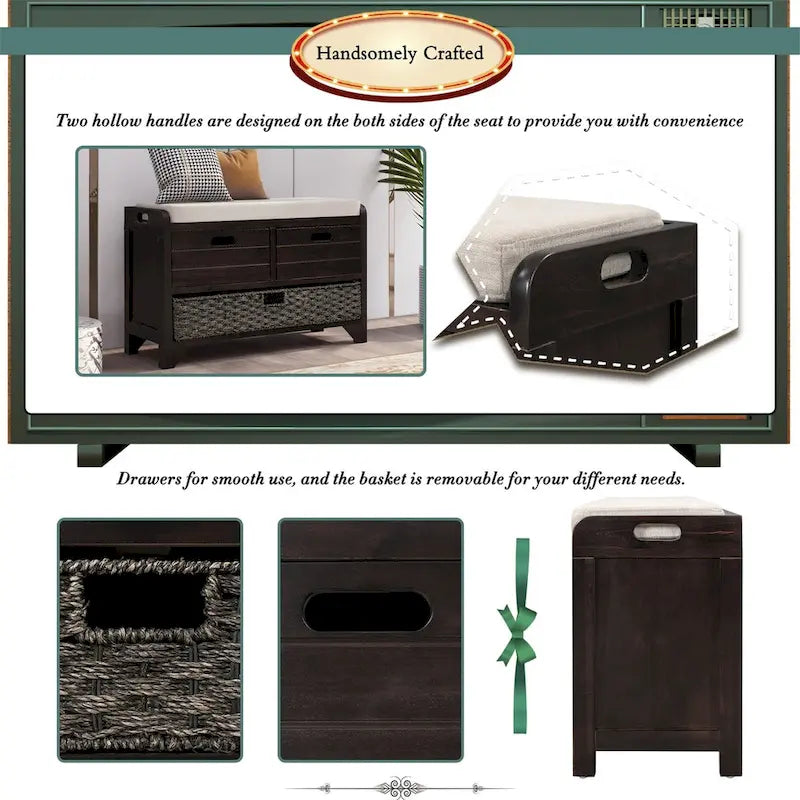 Banc de rangement en bois avec 2 paniers tressés par Harper&Bright Designs