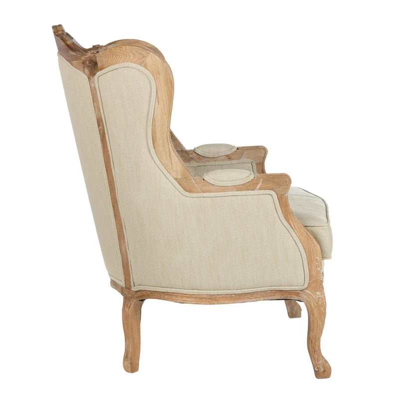Fauteuil à oreilles Safavieh Couture Kali en chêne et lin naturel - 34 larg. x 34 prof. x 40 haut.