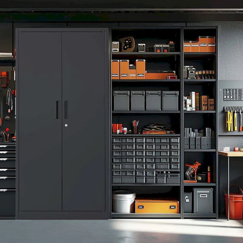 Armoire de rangement de garage en métal 72H, armoire de rangement noire en acier avec portes et 4 étagères
